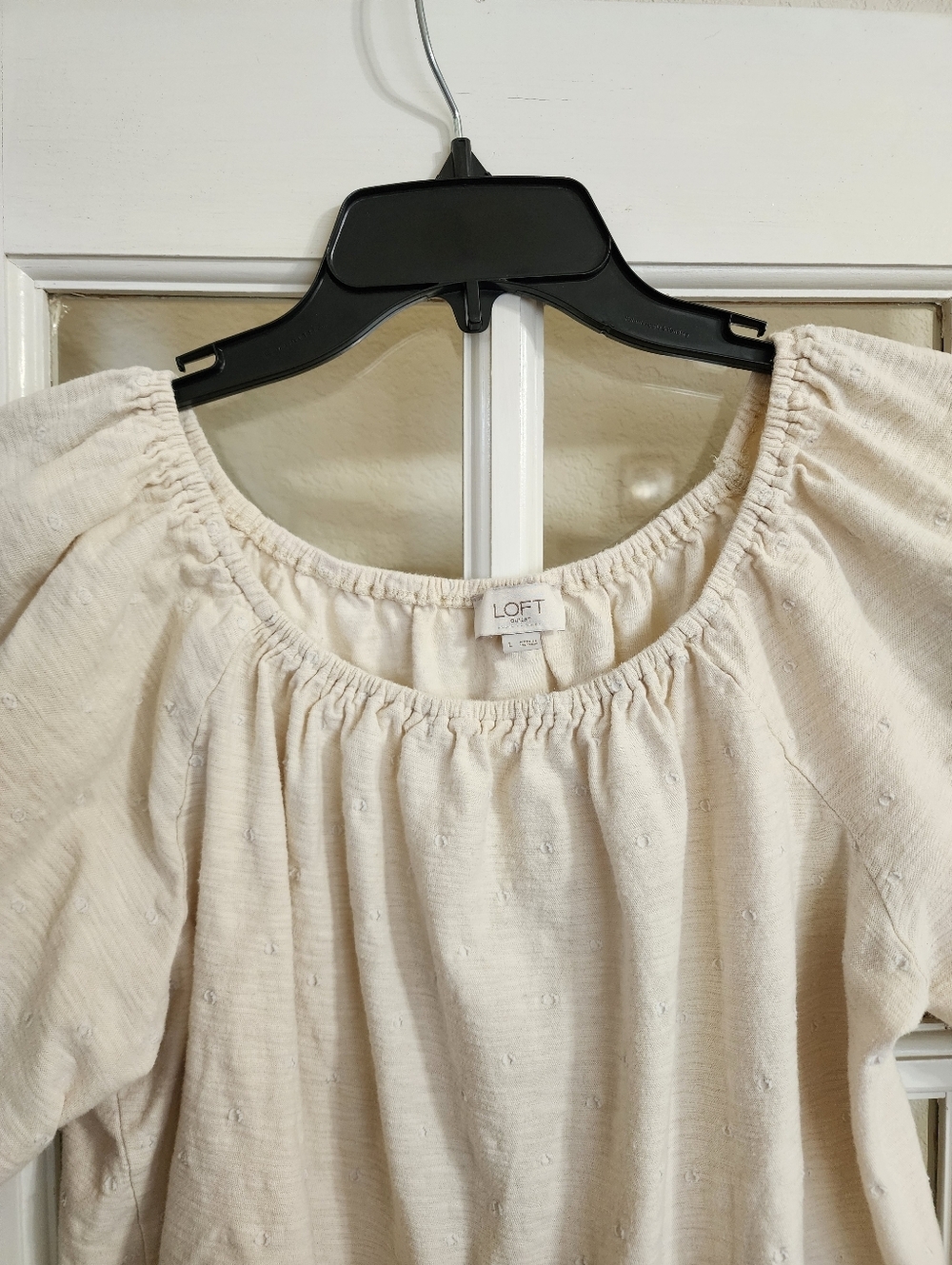 LOFT Outlet Cream Swiss Dot Puff Sleeve Blouse Scoop Neck Cottagecore L - Picture 5 of 10